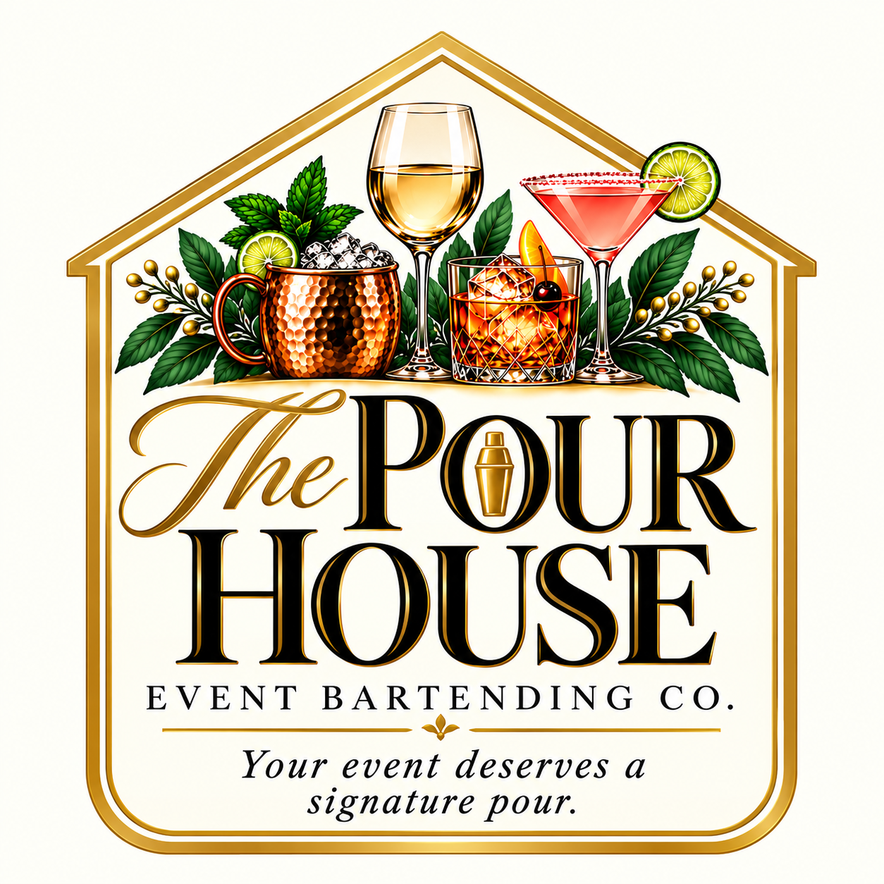 The Pour House house-shaped logo with four cocktails and gold detailing
